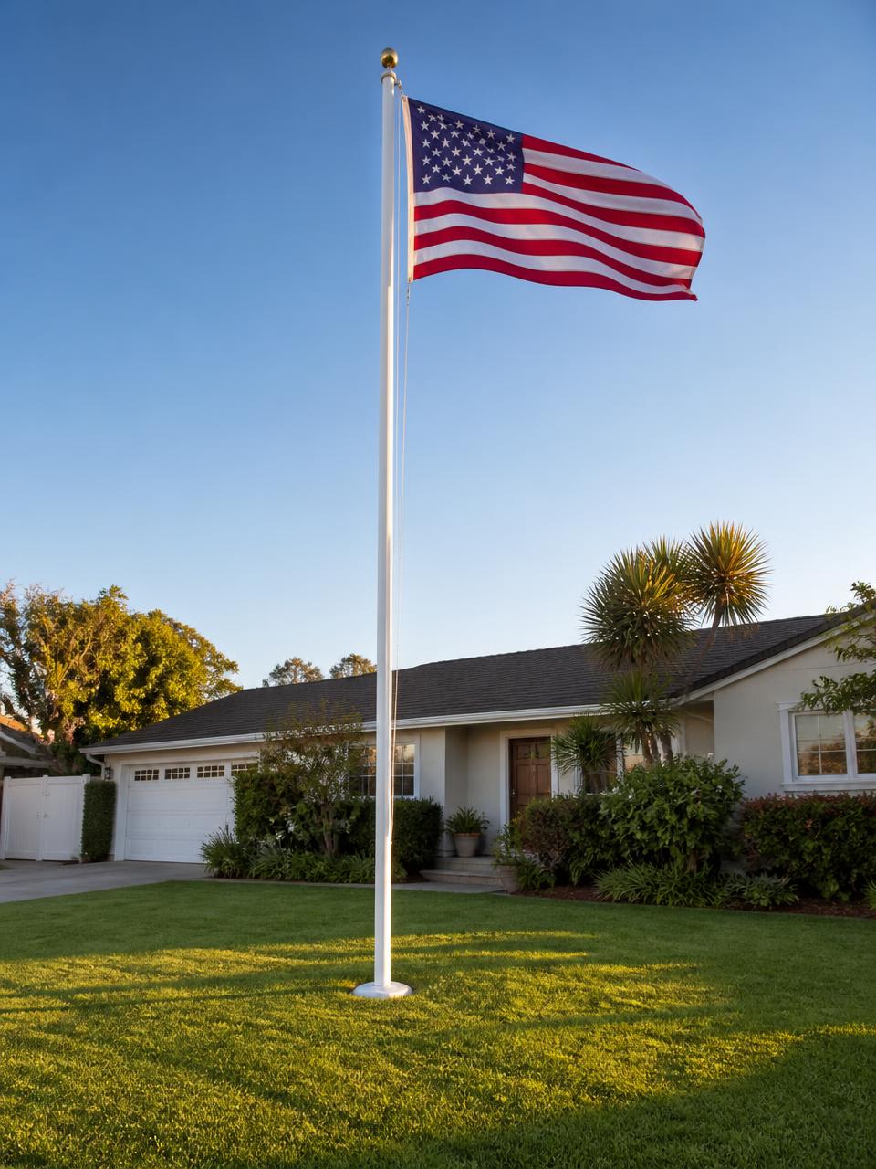 24 ft white fiberglass residential flagpole flying an American flag