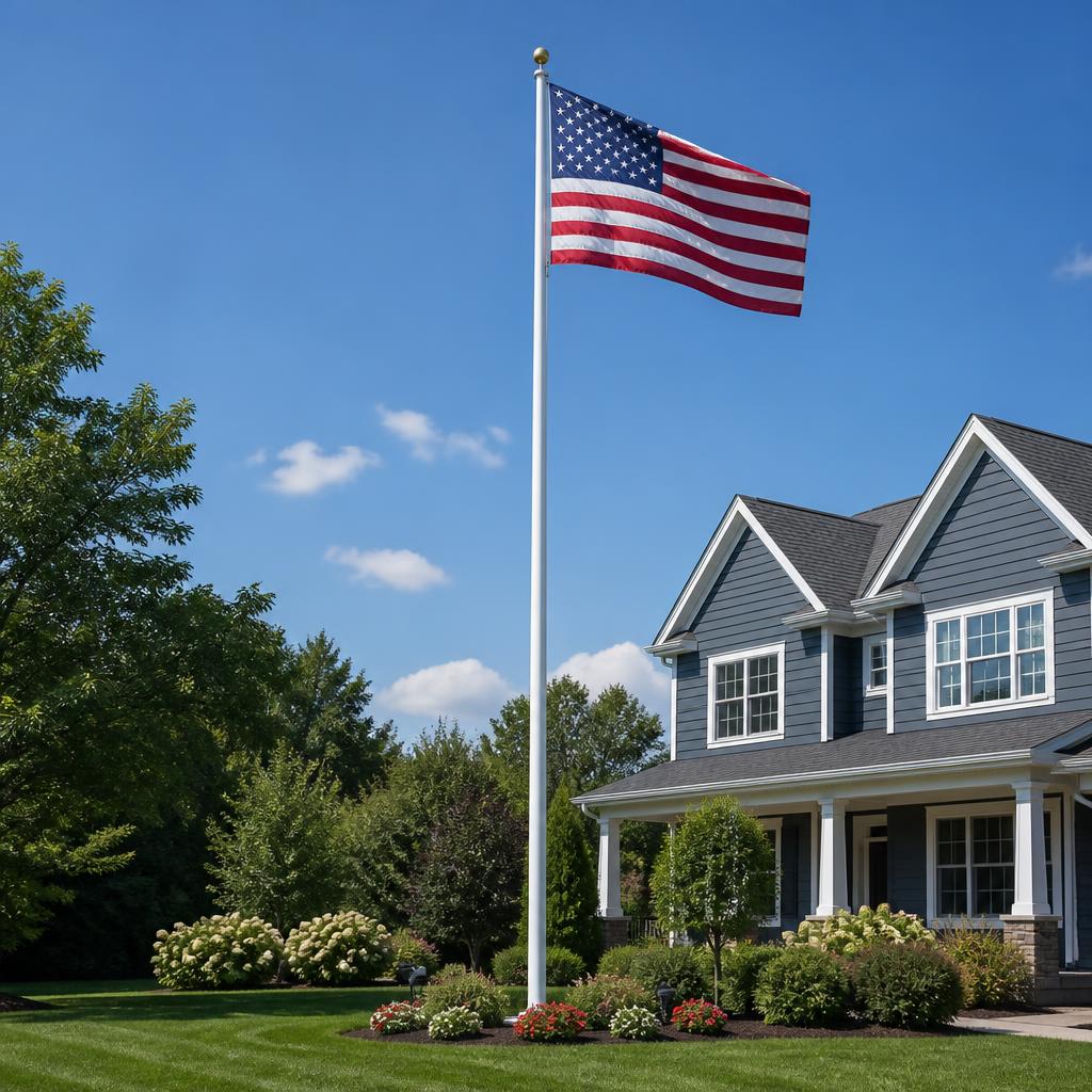 24 ft residential fiberglass flagpole installed in a front yard with American flag